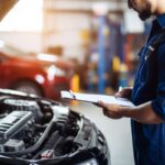 Car mechanic holding clipboard and checking to maintenance vehicle by customer claim order in auto repair shop garage. Engine repair service. People occupation and business job. Automobile