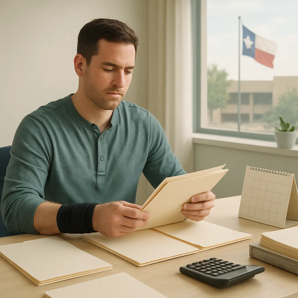 Business records and blank folders used to document self-employed lost wages after a Texas injury