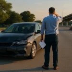 Dallas car accident injury claim preparation beside a damaged vehicle